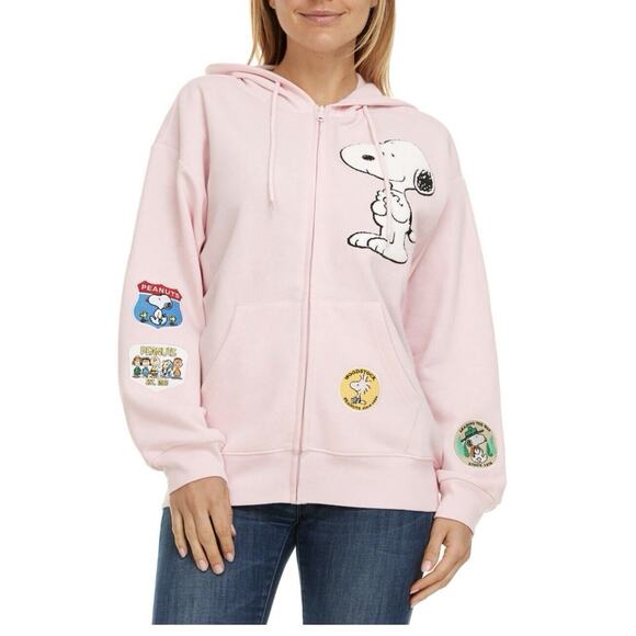 *NWT* LARGE Peanuts SNOOPY Women's Full Zip Sweatshirt Hoodie L Pink EMBROIDERY - Picture 1 of 15